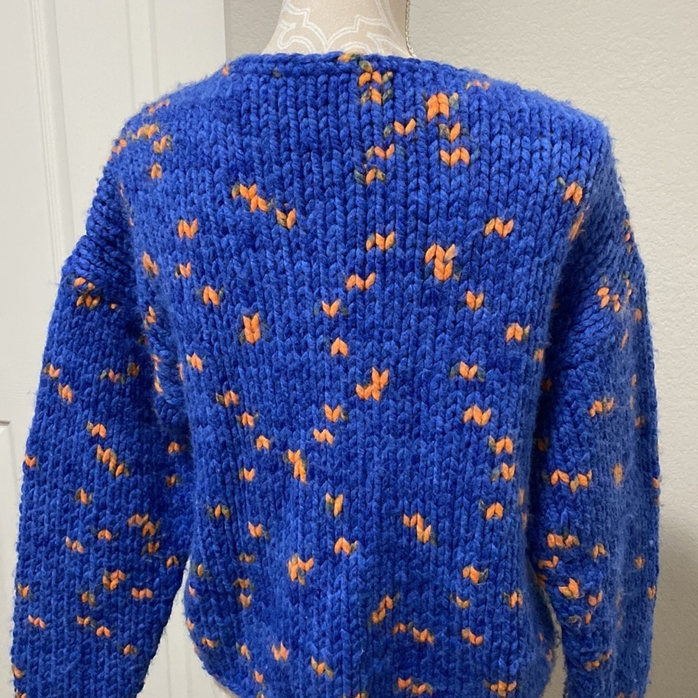 Hand crocheted knitted blue orange open wool thick cardigan Small Blue Orange - Picture 6 of 11